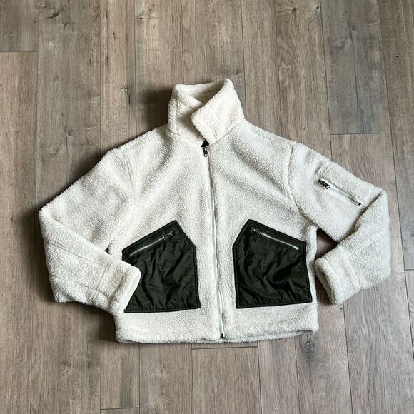 ALPHA INDUSTRIES Ivory & Green Sherpa Fleece Full Zip Cropped Jacket Size Small - Picture 2 of 7